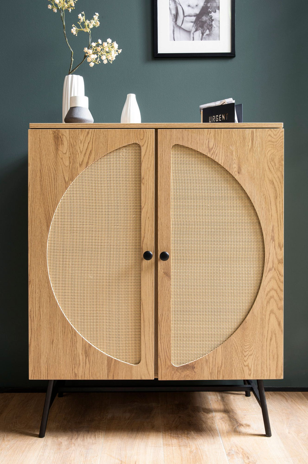 Sideboard – Eiche-Dekor/Rattan, 80x103x39 cm, 2 Türen, hoch