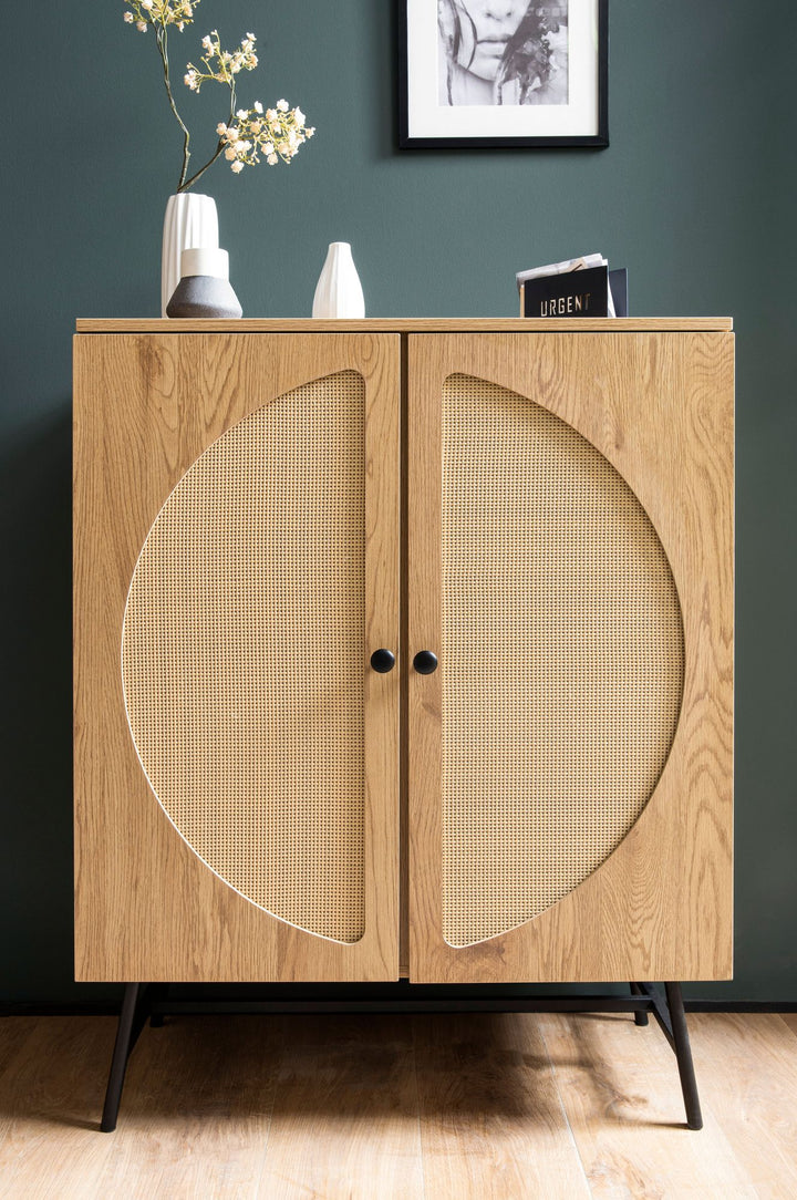 Sideboard – Eiche-Dekor/Rattan, 80x103x39 cm, 2 Türen, hoch