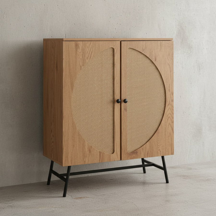 Sideboard 80x103x39 cm Highboard Eiche-Dekor mit Rattan Geflecht Modern - Hoher Kommodenschrank - Standschrank mit 2 Türen - Kommode Anrichte Wohnzimmer_