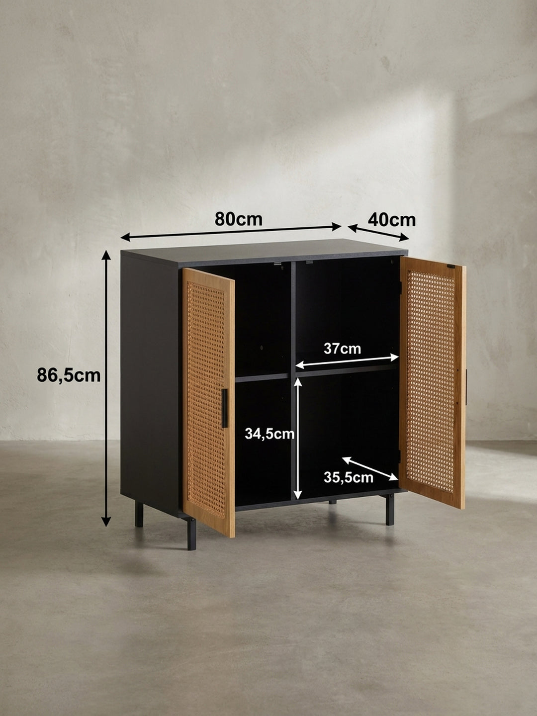 Technische Zeichnung der Kommode mit exakten Maßen: Höhe 86,5 cm, Breite 80 cm und Tiefe 40 cm für die perfekte Raumplanung._