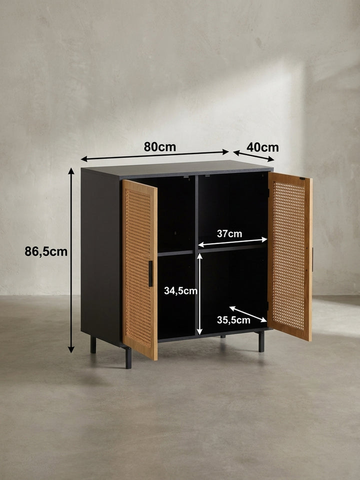 Technische Zeichnung der Kommode mit exakten Maßen: Höhe 86,5 cm, Breite 80 cm und Tiefe 40 cm für die perfekte Raumplanung._