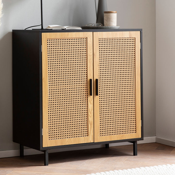 Sideboard – Schwarz, 80x86,5x40 cm, mit Wiener Geflecht, 2 Türen, hoch