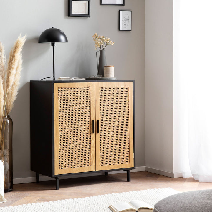 Sideboard – Schwarz, 80x86,5x40 cm, mit Wiener Geflecht, 2 Türen, hoch