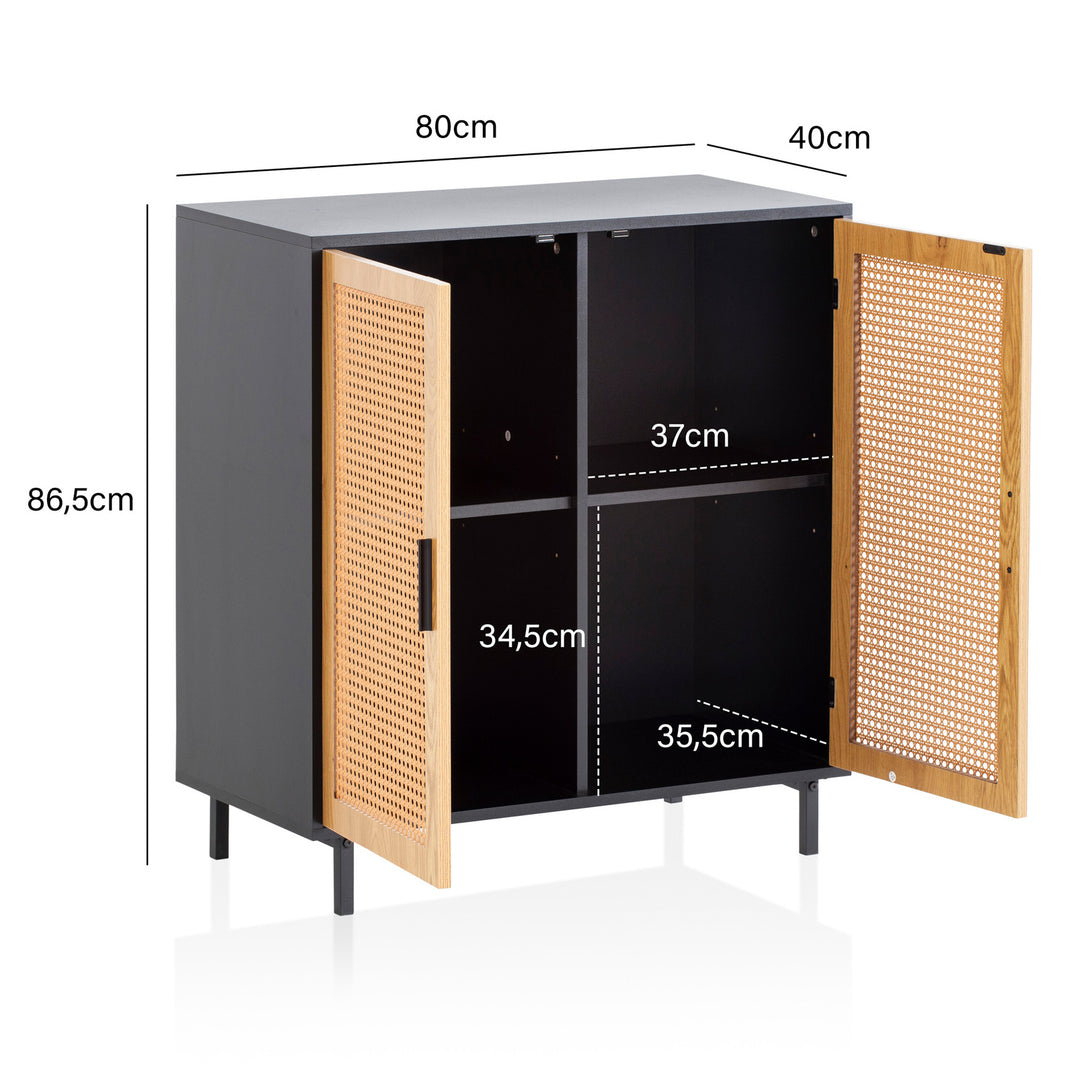 Sideboard – Schwarz, 80x86,5x40 cm, mit Wiener Geflecht, 2 Türen, hoch