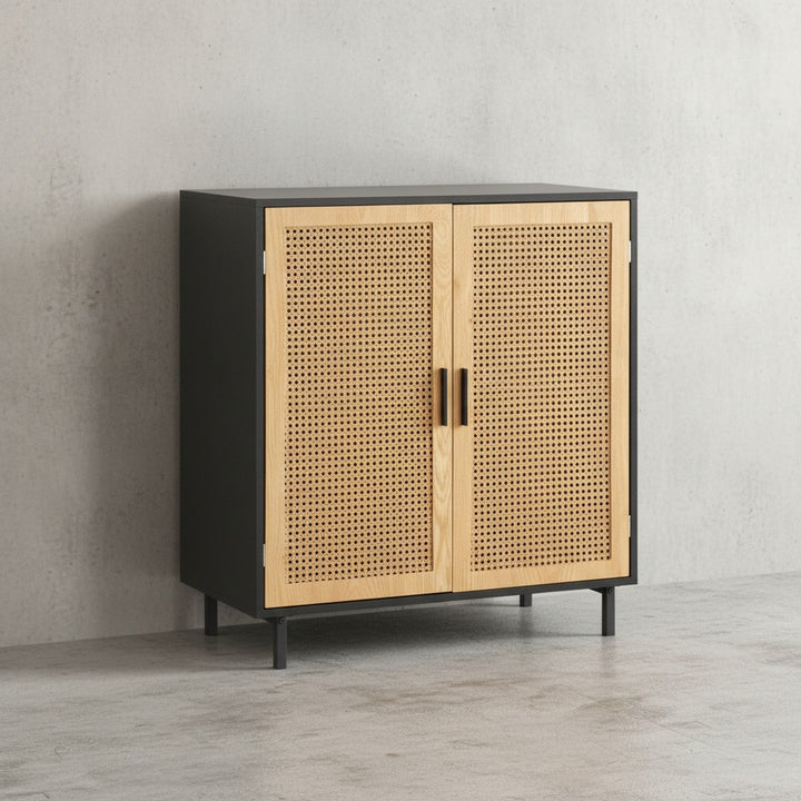 Sideboard 80x86-5x40 cm Kommode Schwarz mit Wiener Geflecht - Hoher Kommodenschrank Zeitlos - Standschrank Wohnzimmer mit 2 Türen - Anrichte Rattan_