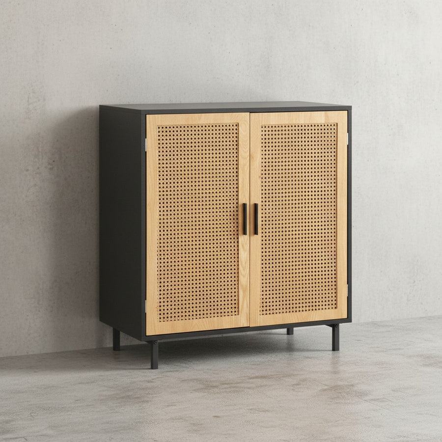 Sideboard 80x86-5x40 cm Kommode Schwarz mit Wiener Geflecht - Hoher Kommodenschrank Zeitlos - Standschrank Wohnzimmer mit 2 Türen - Anrichte Rattan_