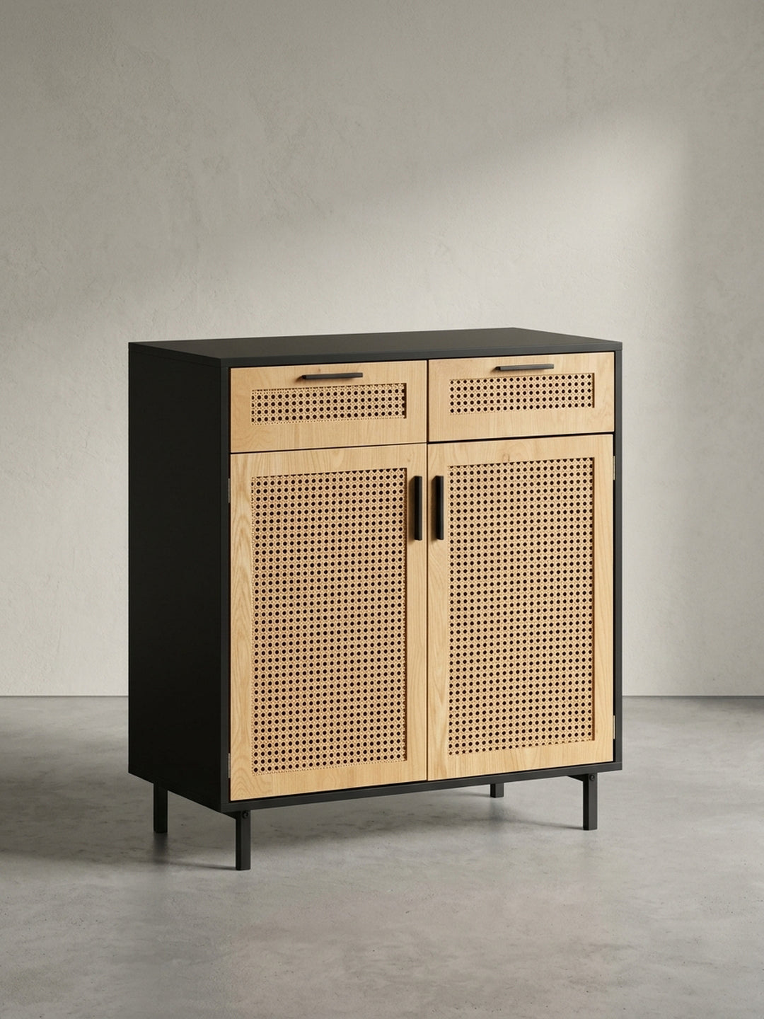 Sideboard – Schwarz, 80x86,5x40 cm, mit Wiener Geflecht, 2 Türen, Schubladen, hoch