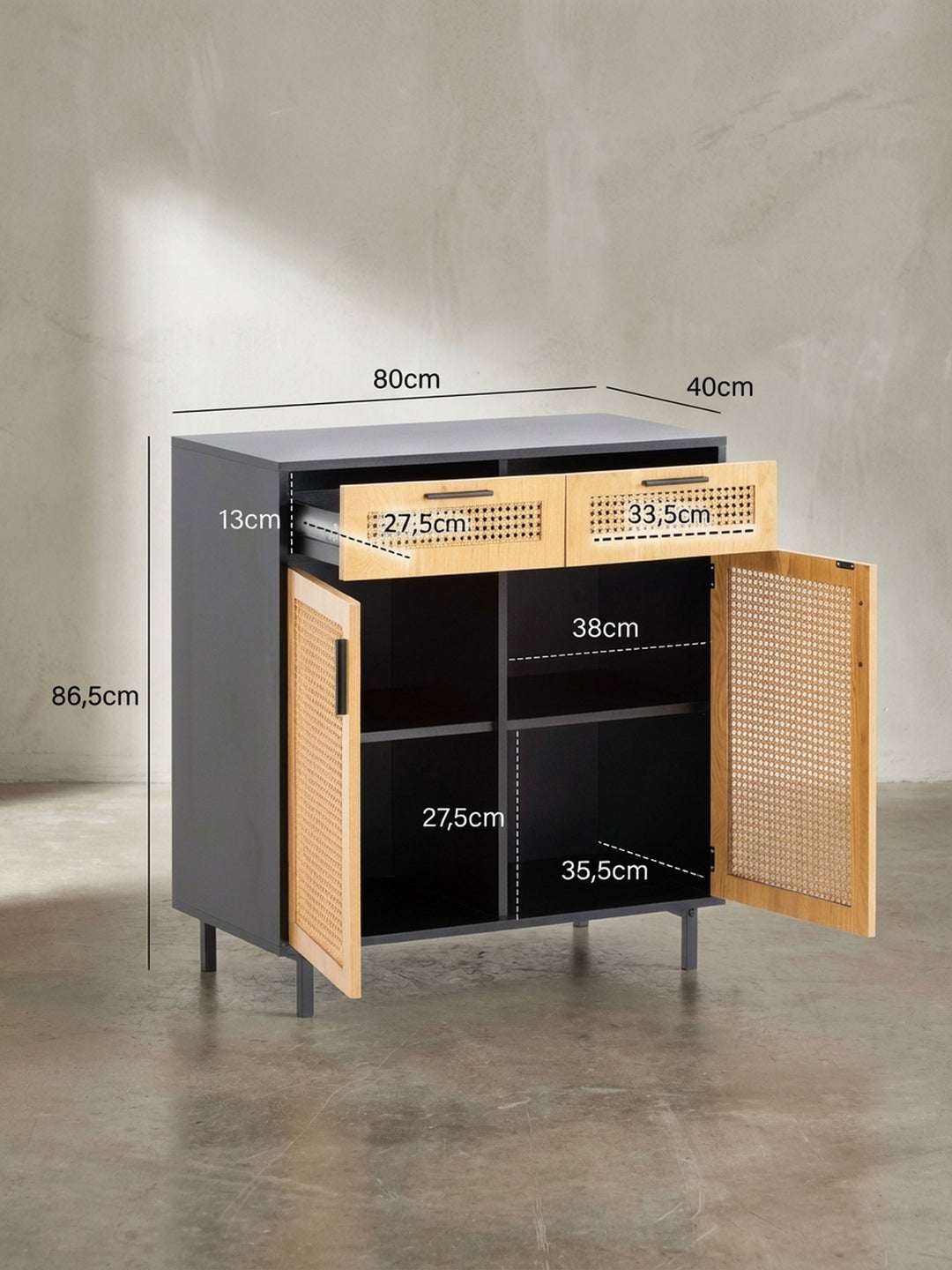 Technische Zeichnung des Sideboards mit allen exakten Maßen: Breite 80 cm, Höhe 86,5 cm und Tiefe 40 cm für eine präzise Raumplanung._