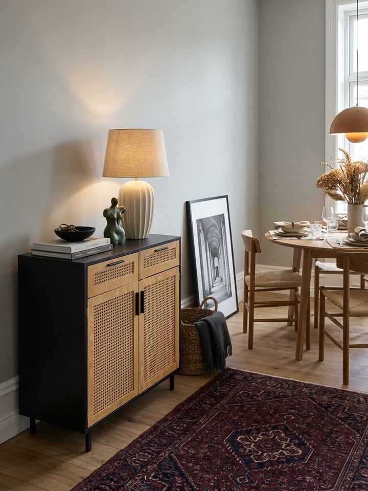Das kompakte Sideboard mit Rattan-Geflecht harmoniert neben einem beigen Sessel und einem getrockneten Pampasgras-Arrangement im Boho-Stil._