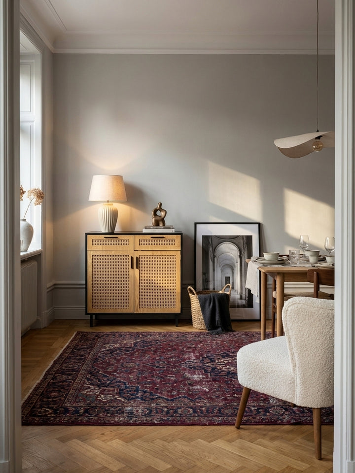 Das schwarze Sideboard mit Wiener Geflecht steht in einem lichtdurchfluteten Altbau-Wohnzimmer auf einem Orientteppich und schafft eine elegante Atmosphäre._