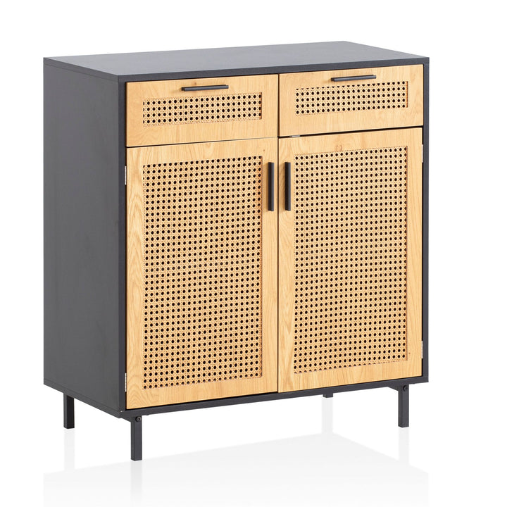 Sideboard – Schwarz, 80x86,5x40 cm, mit Wiener Geflecht, 2 Türen, Schubladen, hoch