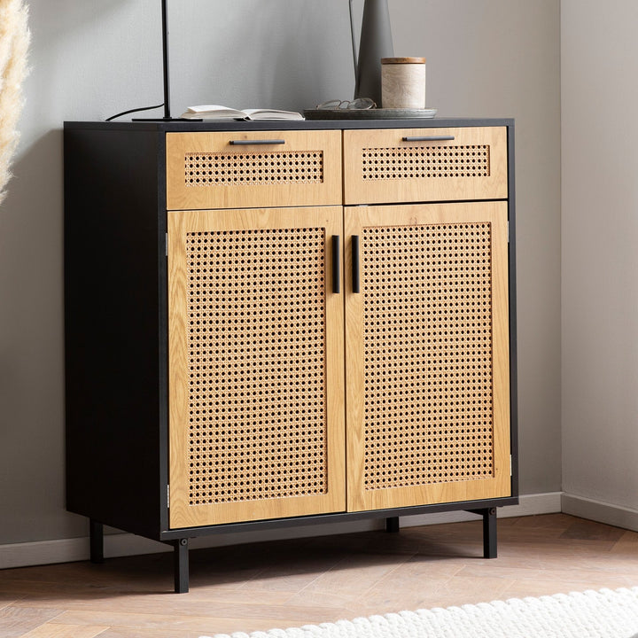 Sideboard – Schwarz, 80x86,5x40 cm, mit Wiener Geflecht, 2 Türen, Schubladen, hoch