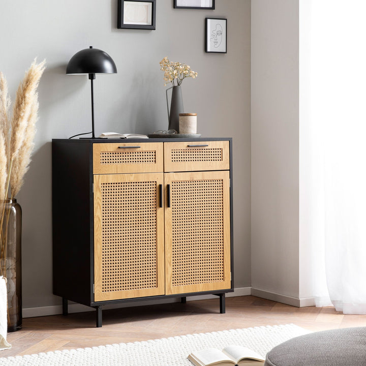 Sideboard – Schwarz, 80x86,5x40 cm, mit Wiener Geflecht, 2 Türen, Schubladen, hoch