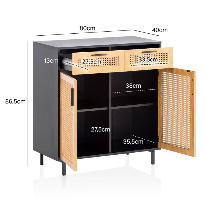 Sideboard – Schwarz, 80x86,5x40 cm, mit Wiener Geflecht, 2 Türen, Schubladen, hoch
