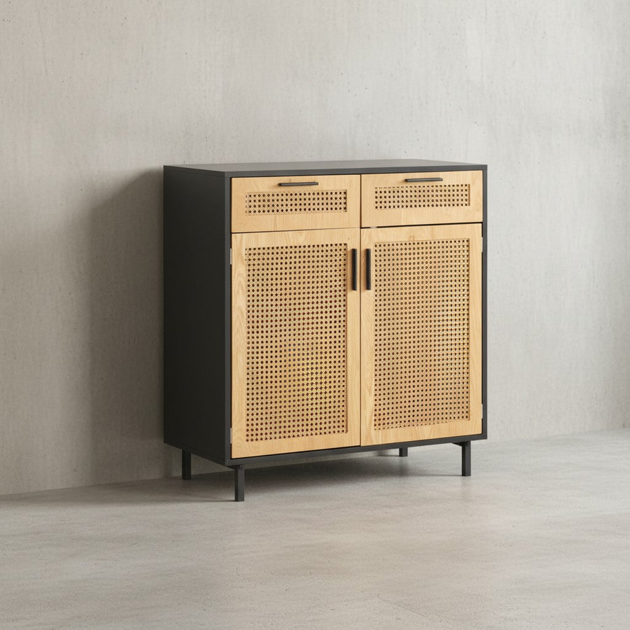 Sideboard 80x86-5x40 cm Kommode Schwarz mit Wiener Geflecht - Hoher Kommodenschrank Zeitlos - Standschrank Wohnzimmer mit 2 Türen und Schubladen - Anrichte Rattan_