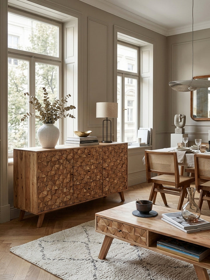 Skulpturales Sideboard aus massivem Akazienholz mit 140x40x79 cm in einem eleganten Wohnzimmer. Die 3D-Holzfront mit Pyramidenmuster bildet einen warmen Kontrast zu hellen Wänden._