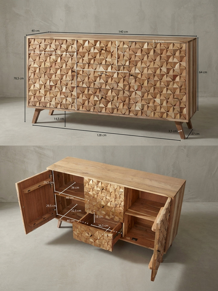 Detailansicht der Rückseite und Kanten des 140 cm breiten Akazien-Sideboards. Die solide Verarbeitung und das natürliche Farbenspiel des Holzes sind deutlich erkennbar._