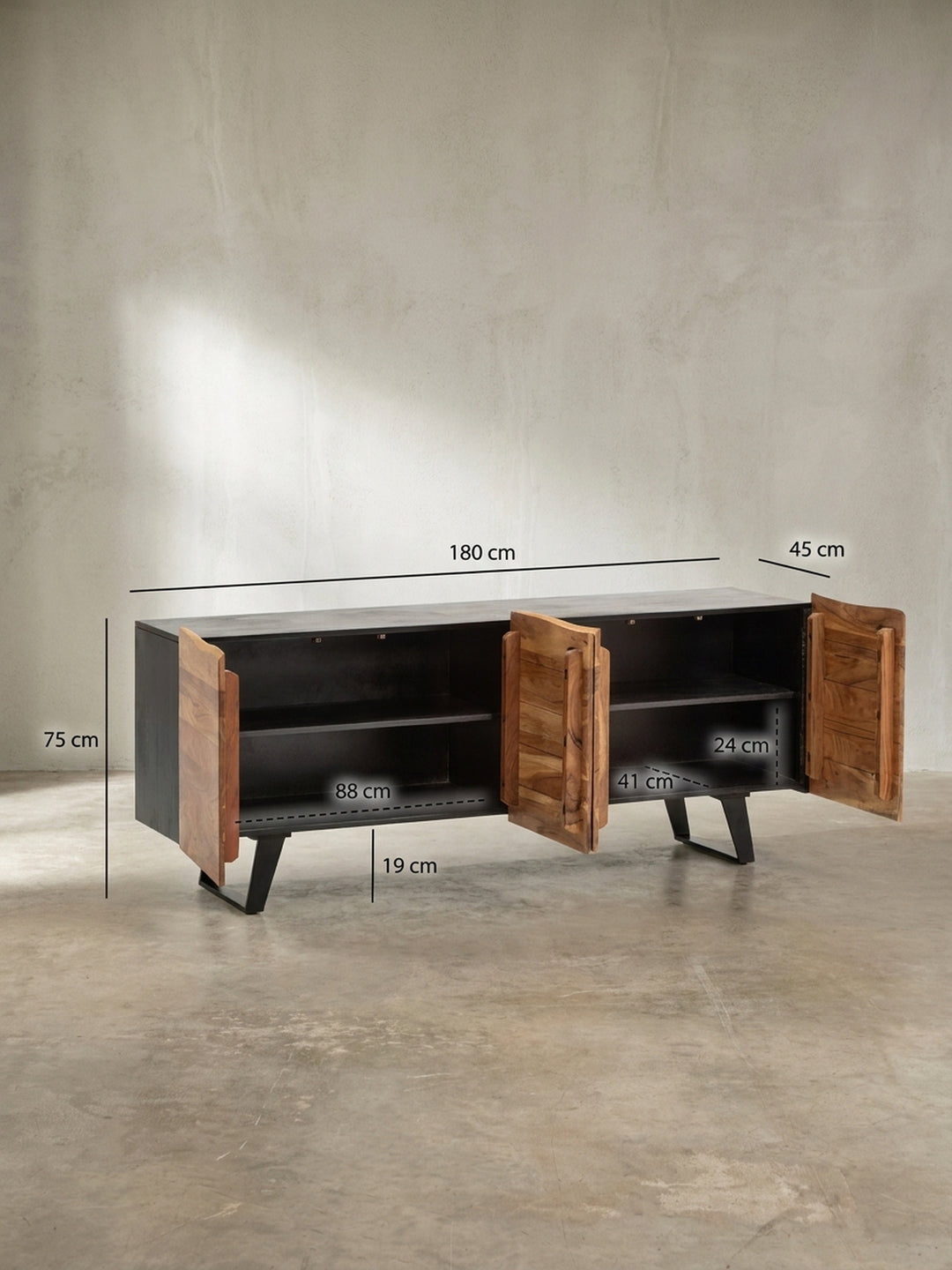 Technische Zeichnung des Sideboards mit exakten Maßen: Breite 180 cm, Höhe 75 cm und Tiefe 45 cm, ideal für die Raumplanung im Wohn- oder Esszimmer._