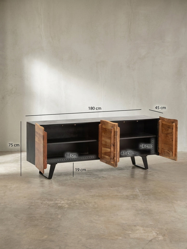 Technische Zeichnung des Sideboards mit exakten Maßen: Breite 180 cm, Höhe 75 cm und Tiefe 45 cm, ideal für die Raumplanung im Wohn- oder Esszimmer._