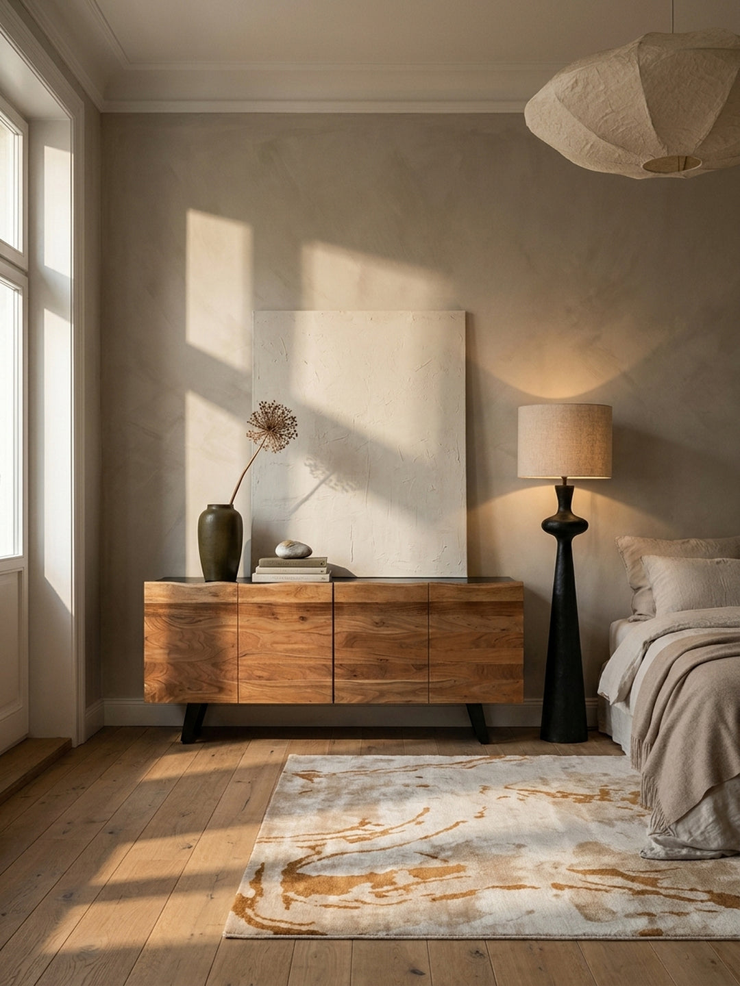 Stilvolles Sideboard aus Akazie Massivholz mit schwarzem Korpus in einem organisch-modernen Wohnzimmer mit Limewash-Wand und einem großen Kunstwerk._