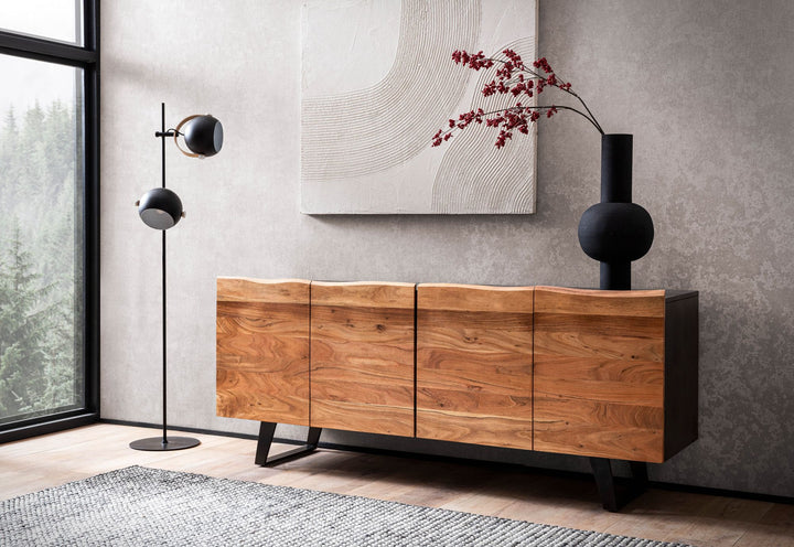 Sideboard – Akazie Massivholz, 180x75x45 cm, mit Baumkante, Türen, Metallbeine