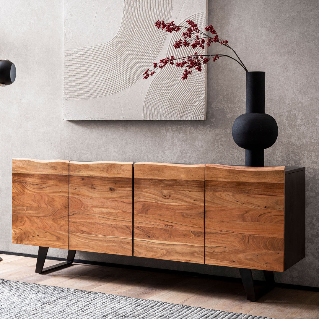 Sideboard – Akazie Massivholz, 180x75x45 cm, mit Baumkante, Türen, Metallbeine