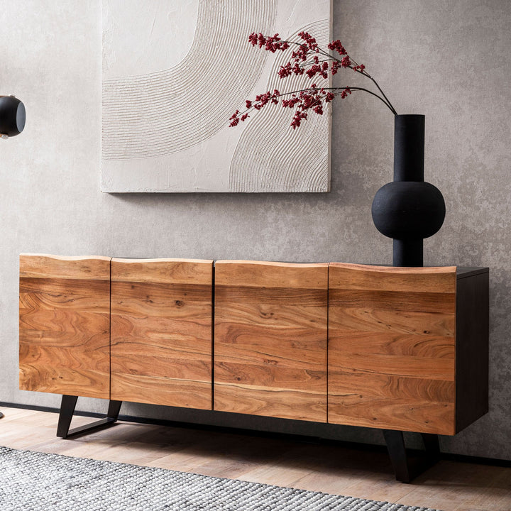 Sideboard – Akazie Massivholz, 180x75x45 cm, mit Baumkante, Türen, Metallbeine