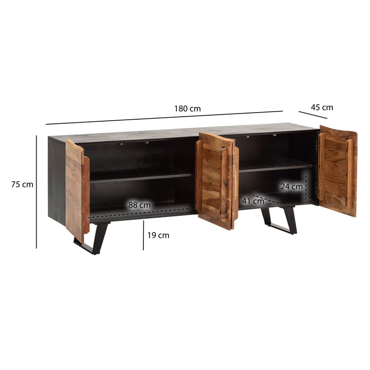 Sideboard – Akazie Massivholz, 180x75x45 cm, mit Baumkante, Türen, Metallbeine