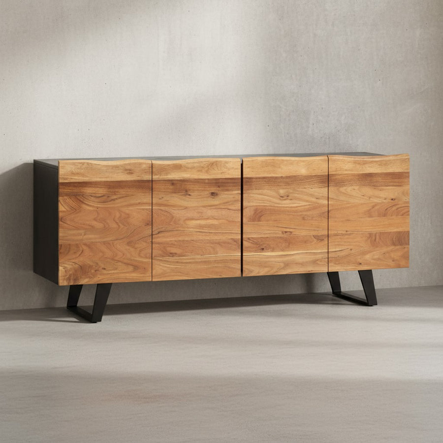 Sideboard Akazie Massivholz 180x75x45 cm Anrichte Schwarz mit Baumkante - Kommode mit Türen - Kommodenschrank Flurschrank Modern - Standschrank Wohnzimmer mit Metallbeine_