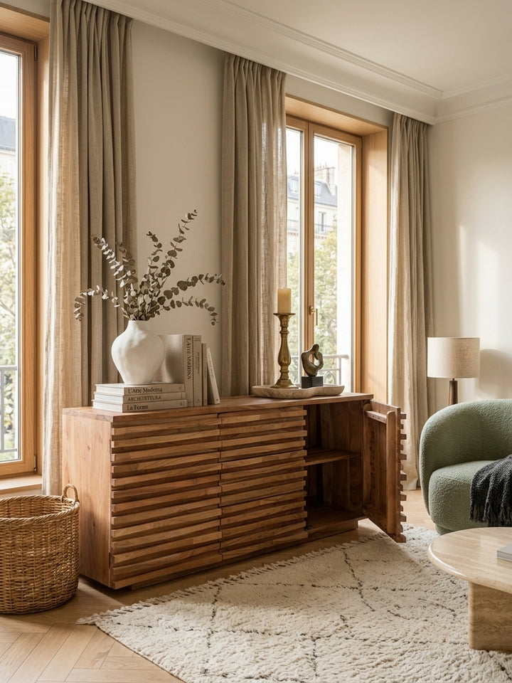 Draufsicht auf das Akazienholz Sideboard im Esszimmer. Die strukturierte Oberfläche der Holzanrichte und die großzügigen Maße von 160x43 cm bieten ideale Ablagefläche für Kunstobjekte._