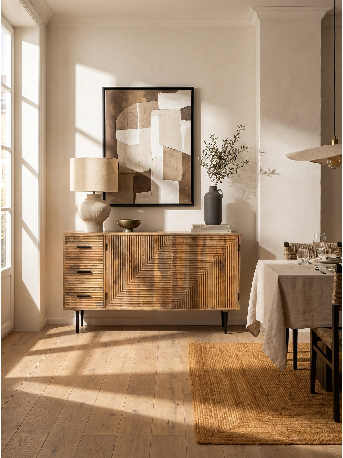 Sideboard aus Mango Massivholz 160cm mit geriffelter Front und schwarzen Metallbeinen im Organic Modern Wohnzimmer auf hellem Eichenparkett_