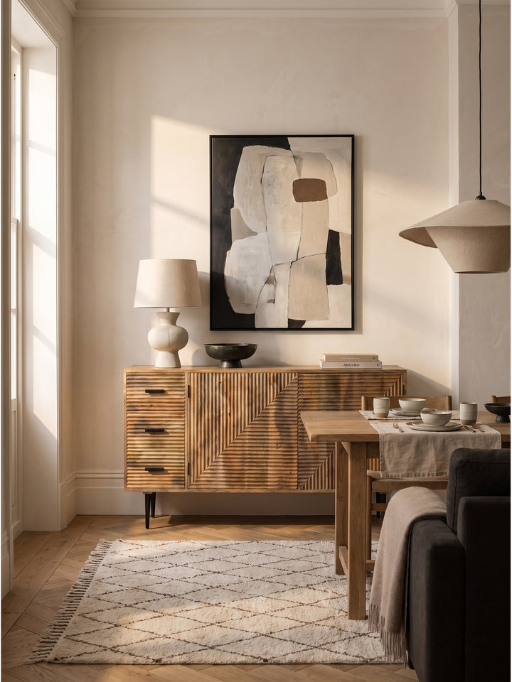 Handgefertigtes Sideboard aus Holz im Raum kombiniert mit hellem Wollteppich und abstraktem Bild in schwarzer Schattenfuge_