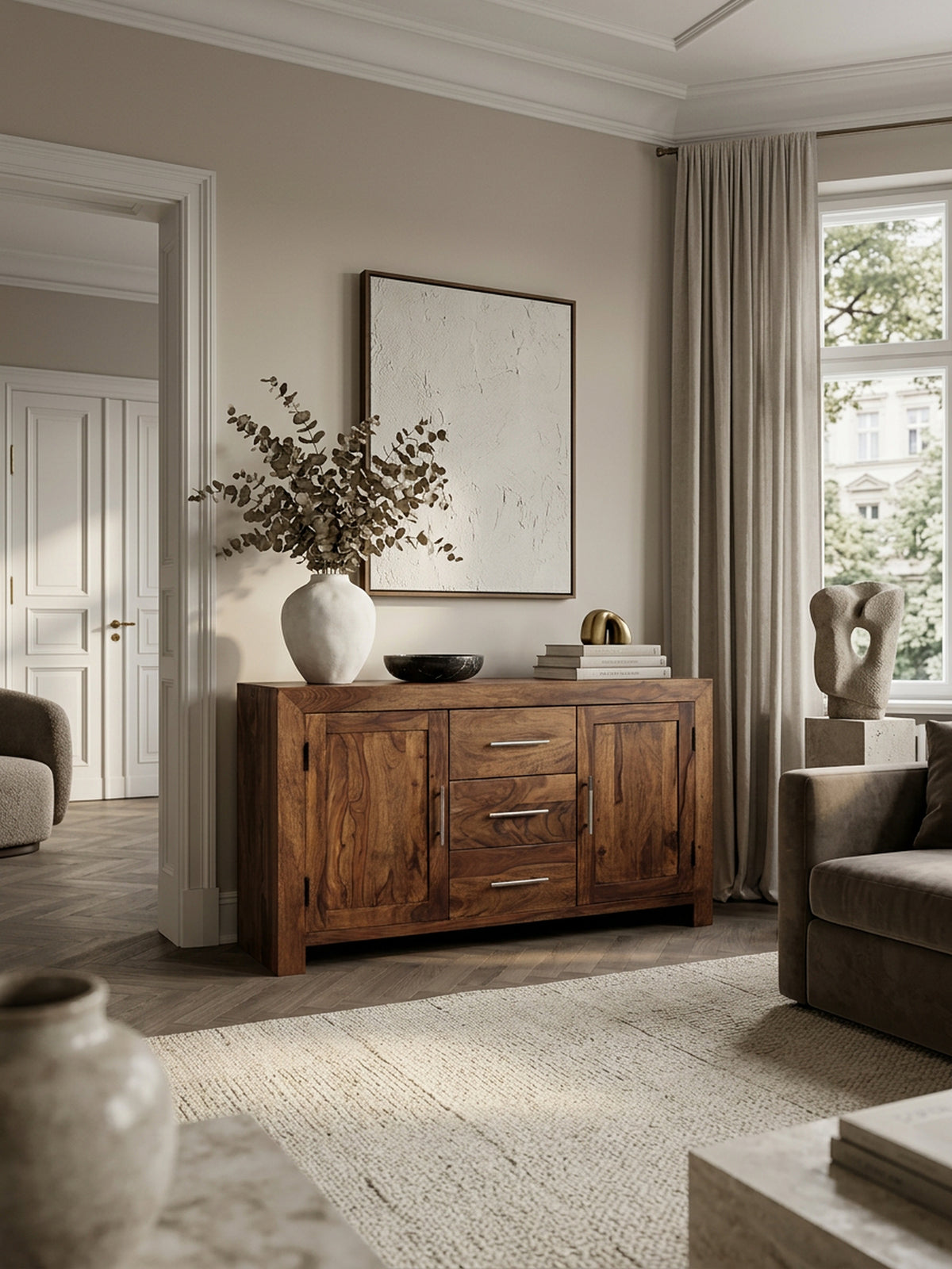 Elegantes Sideboard Sheesham  3 Schubladen  2 Türen  Landhaus-Stil - KADIMA DESIGN Größe  118x40x70 cm