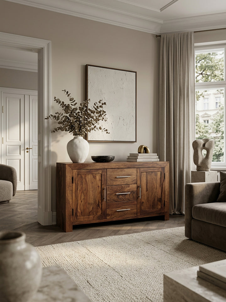 Elegantes Sideboard Sheesham_ 3 Schubladen_ 2 Türen_ Landhaus-Stil - KADIMA DESIGN_Größe_ 118x40x70 cm_