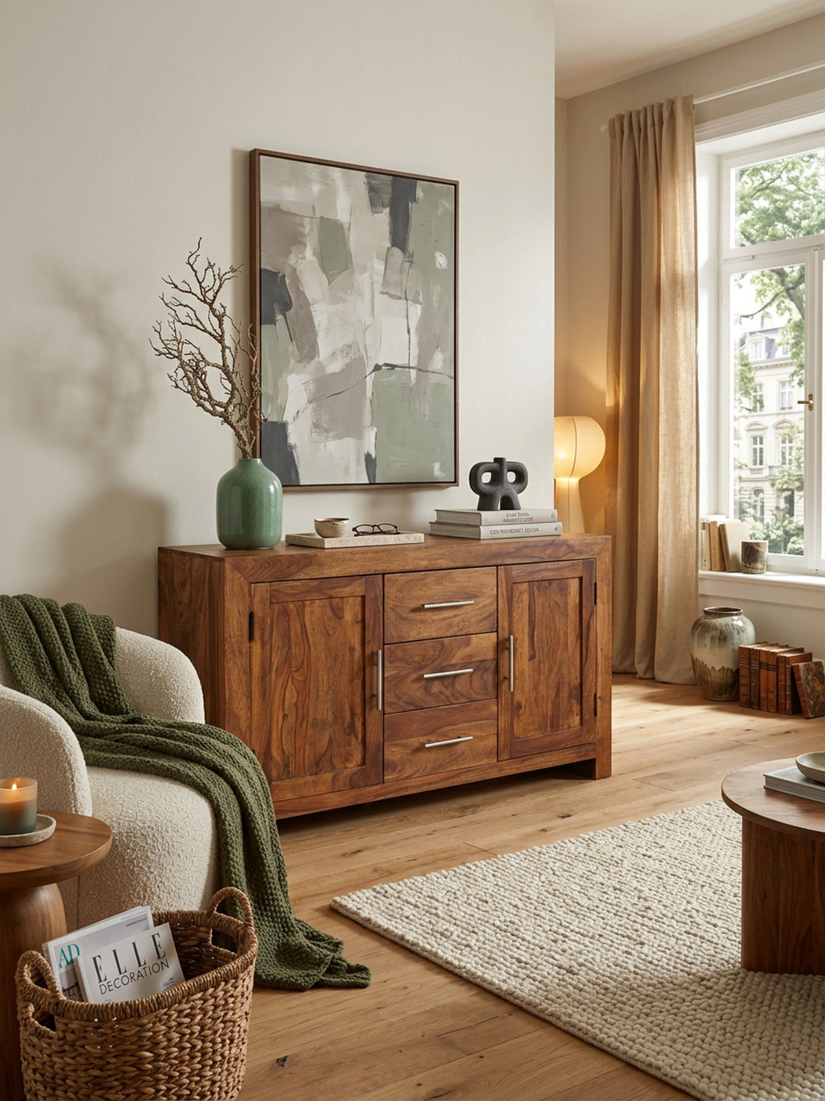 Elegantes Sideboard Sheesham_ 3 Schubladen_ 2 Türen_ Landhaus-Stil - KADIMA DESIGN_Größe_ 118x40x70 cm_