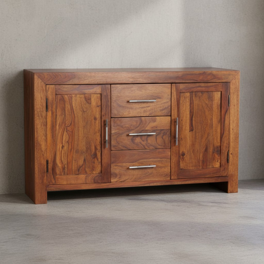 Elegantes Sideboard Sheesham_ 3 Schubladen_ 2 Türen_ Landhaus-Stil - KADIMA DESIGN_Größe_ 118x40x70 cm_