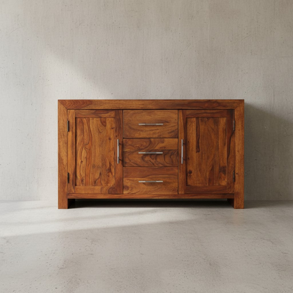 Elegantes Sideboard Sheesham_ 3 Schubladen_ 2 Türen_ Landhaus-Stil - KADIMA DESIGN_Größe_ 118x40x70 cm_