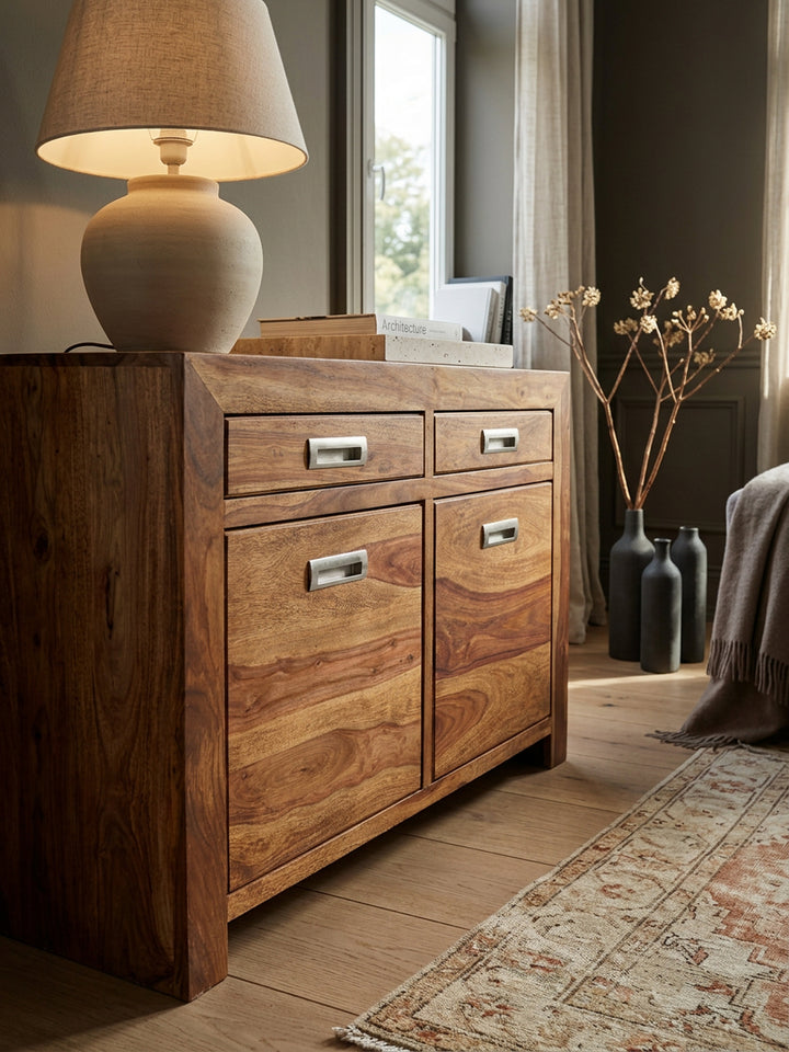 Massivholz Sideboard aus Sheesham_ 90 cm_ mit 2 Türen und Schubladen_ viel Stauraum_ ideal für Flur oder Wohnzimmer_ handgefertigt - KADIMA DESIGN_Größe_ 90x40x70 cm_
