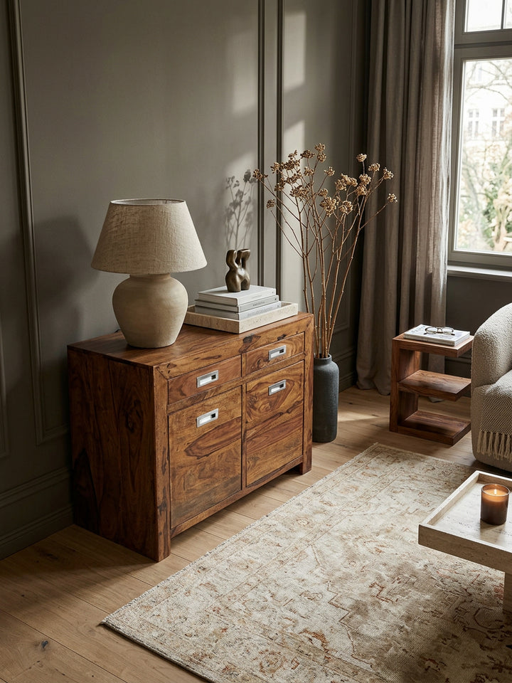 Massivholz Sideboard aus Sheesham_ 90 cm_ mit 2 Türen und Schubladen_ viel Stauraum_ ideal für Flur oder Wohnzimmer_ handgefertigt - KADIMA DESIGN_Größe_ 90x40x70 cm_