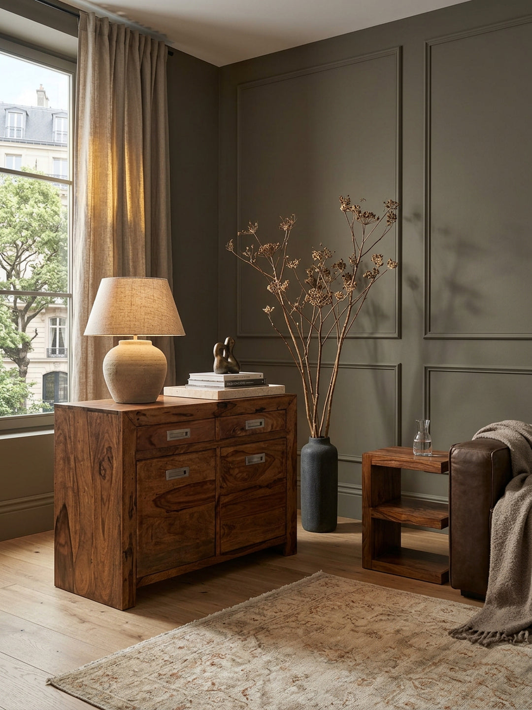 Massivholz Sideboard aus Sheesham_ 90 cm_ mit 2 Türen und Schubladen_ viel Stauraum_ ideal für Flur oder Wohnzimmer_ handgefertigt - KADIMA DESIGN_Größe_ 90x40x70 cm_