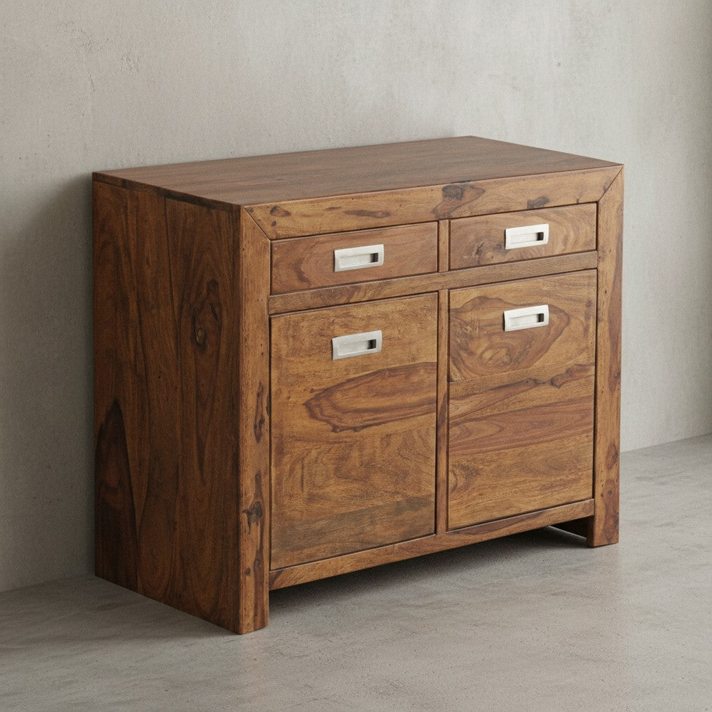 Massivholz Sideboard aus Sheesham_ 90 cm_ mit 2 Türen und Schubladen_ viel Stauraum_ ideal für Flur oder Wohnzimmer_ handgefertigt - KADIMA DESIGN_Größe_ 90x40x70 cm_