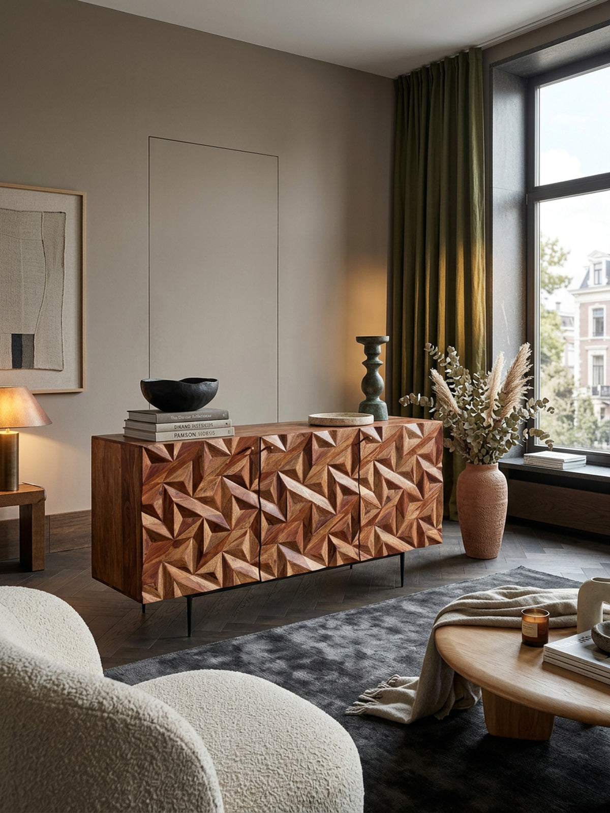 Sideboard "Metallux"  Sheesham-Holz  3D-Oberfläche  Braun  Modern - KADIMA DESIGN Größe  144x47x72 cm