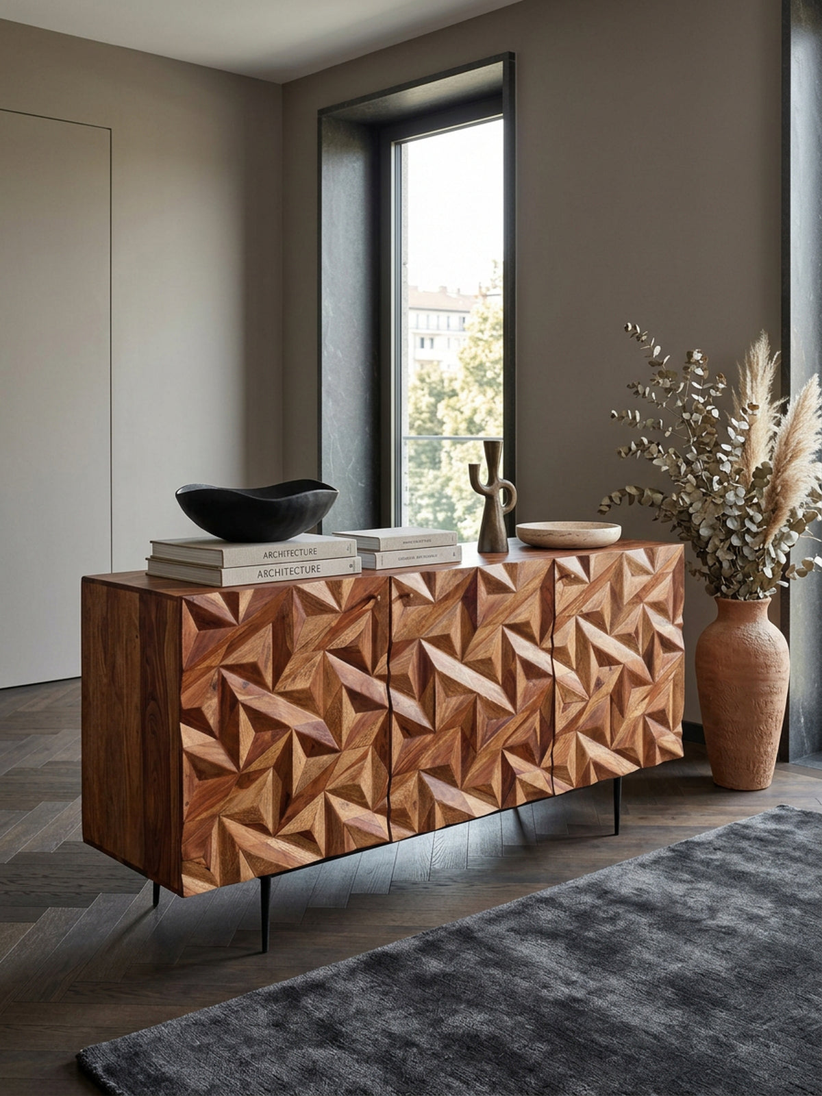 Sideboard "Metallux"  Sheesham-Holz  3D-Oberfläche  Braun  Modern - KADIMA DESIGN Größe  144x47x72 cm
