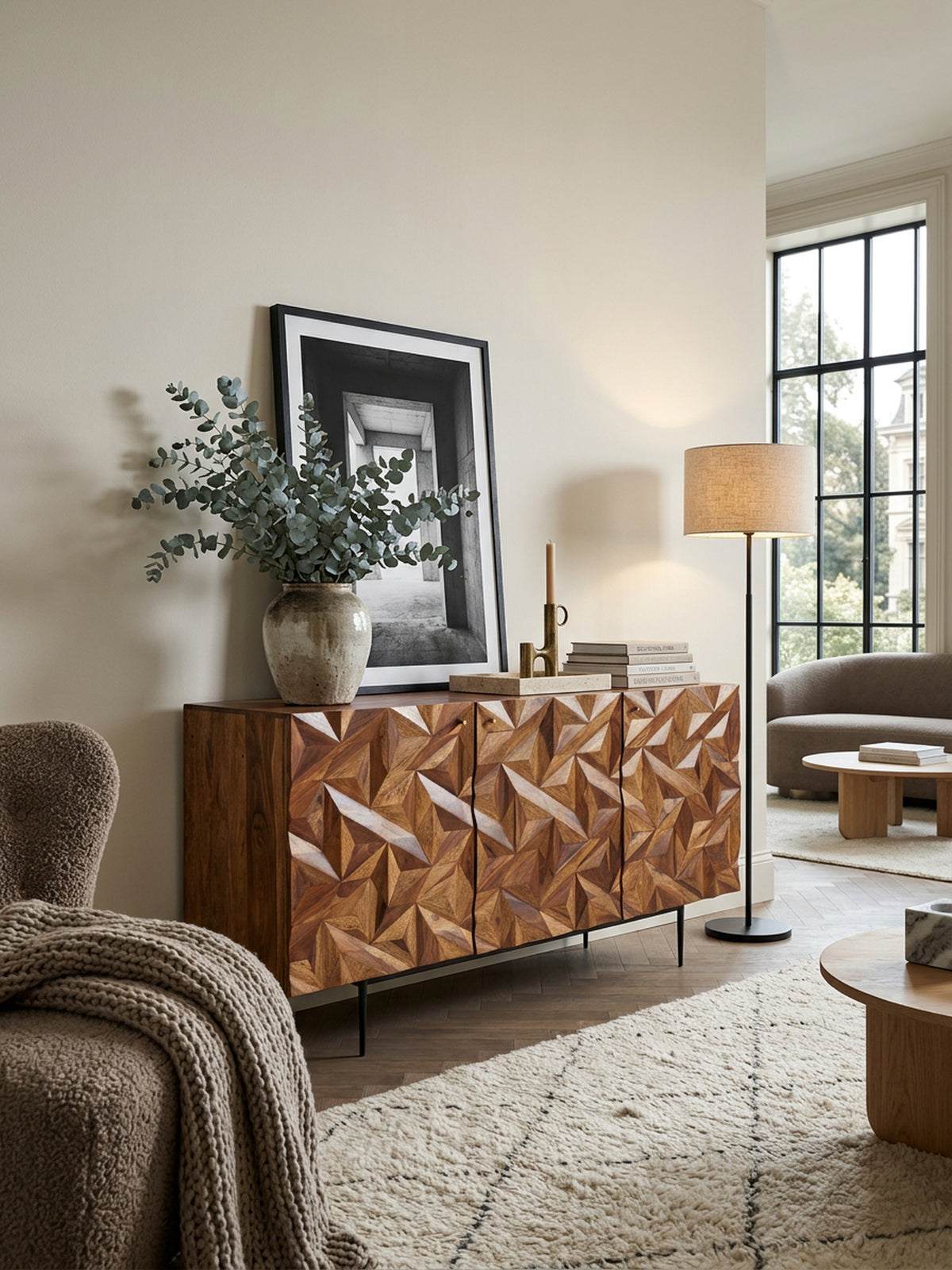Sideboard "Metallux"  Sheesham-Holz  3D-Oberfläche  Braun  Modern - KADIMA DESIGN Größe  144x47x72 cm