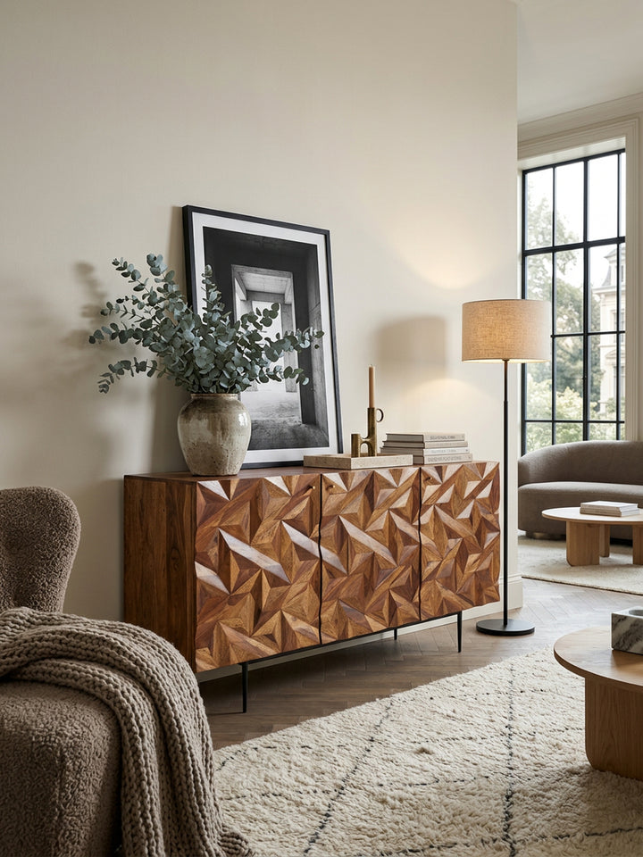 Sideboard &amp;quot;Metallux&amp;quot;_ Sheesham-Holz_ 3D-Oberfläche_ Braun_ Modern - KADIMA DESIGN_Größe_ 144x47x72 cm_