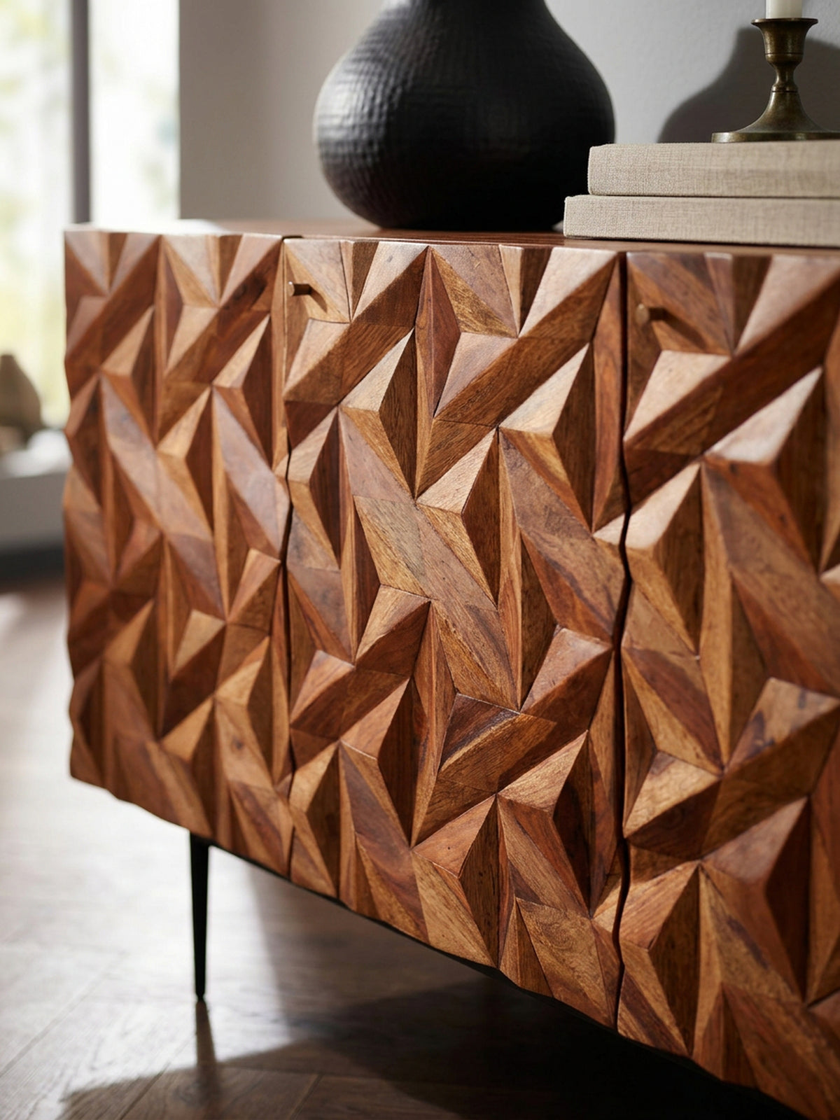Sideboard "Metallux"  Sheesham-Holz  3D-Oberfläche  Braun  Modern - KADIMA DESIGN Größe  144x47x72 cm