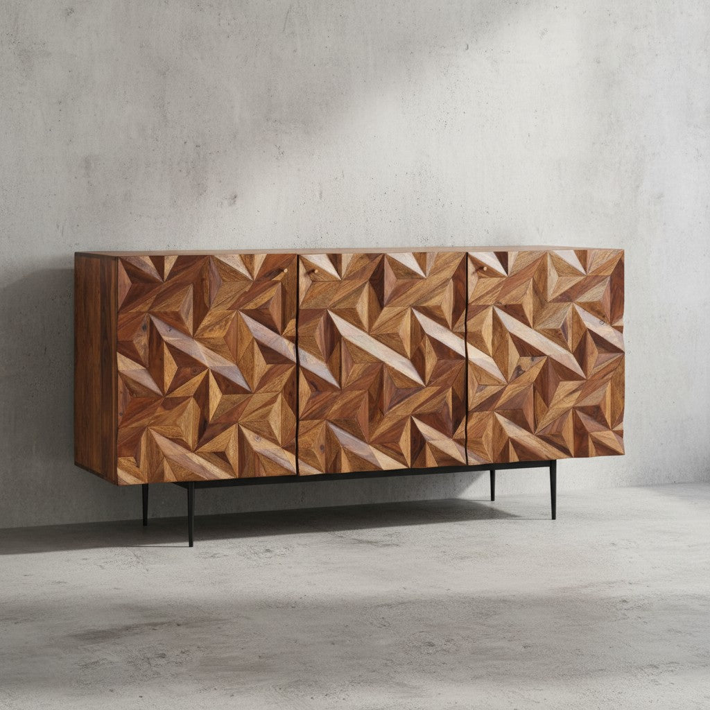 Sideboard "Metallux"  Sheesham-Holz  3D-Oberfläche  Braun  Modern - KADIMA DESIGN Größe  144x47x72 cm