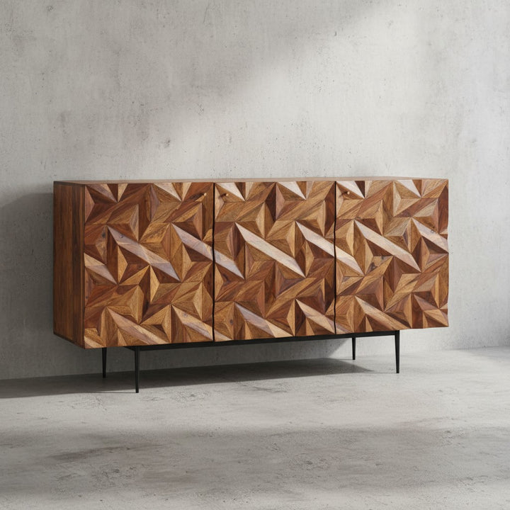 Sideboard &amp;quot;Metallux&amp;quot;_ Sheesham-Holz_ 3D-Oberfläche_ Braun_ Modern - KADIMA DESIGN_Größe_ 144x47x72 cm_