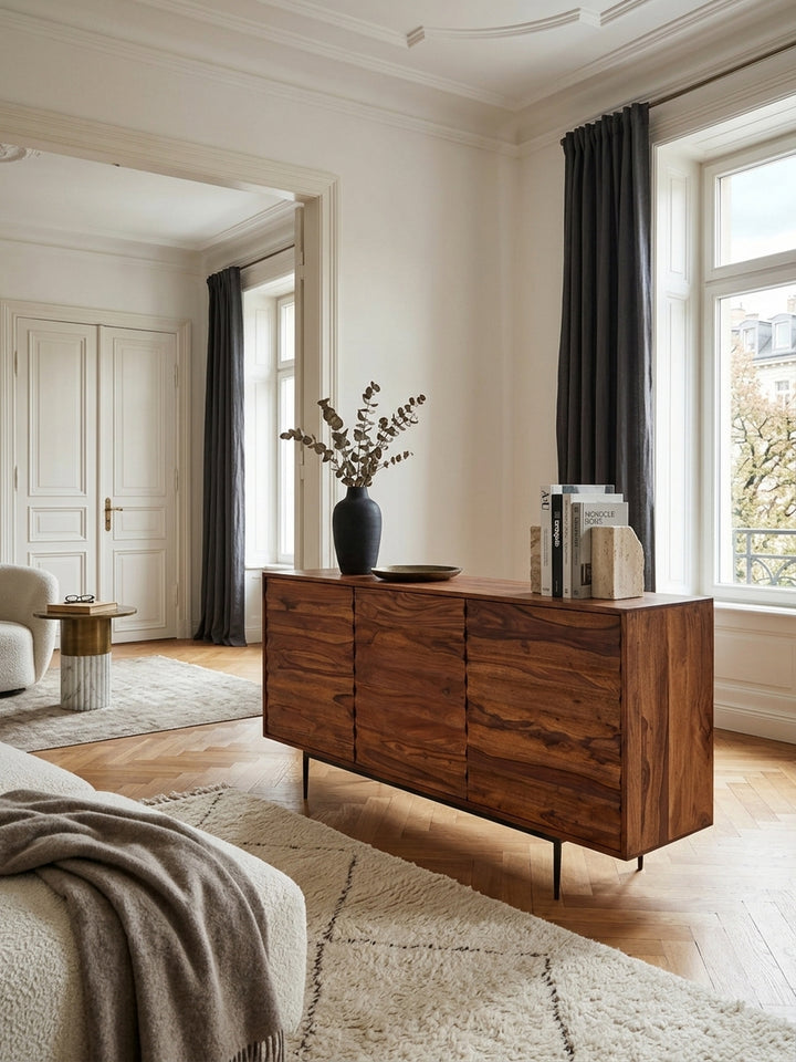 Elegantes Massivholz Sideboard aus Sheesham im modernen Wohnzimmer. Die 150x81x41 cm große Anrichte mit wellenförmiger 3D-Front steht auf einem hellen Teppich neben dezenten Dekorationen._