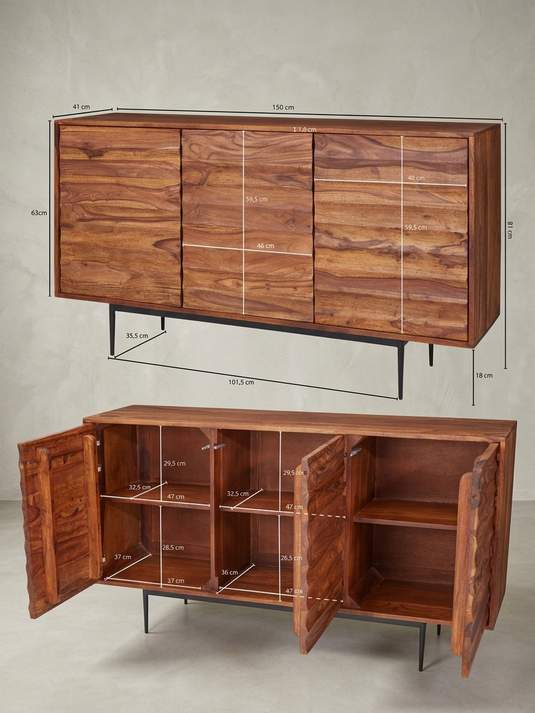 Detailansicht der schwarzen Eisenbeine und der unteren Kante des Massivholz Sideboards. Die 18 cm Bodenfreiheit verleiht der robusten Holzkommode eine optische Leichtigkeit im Raum._